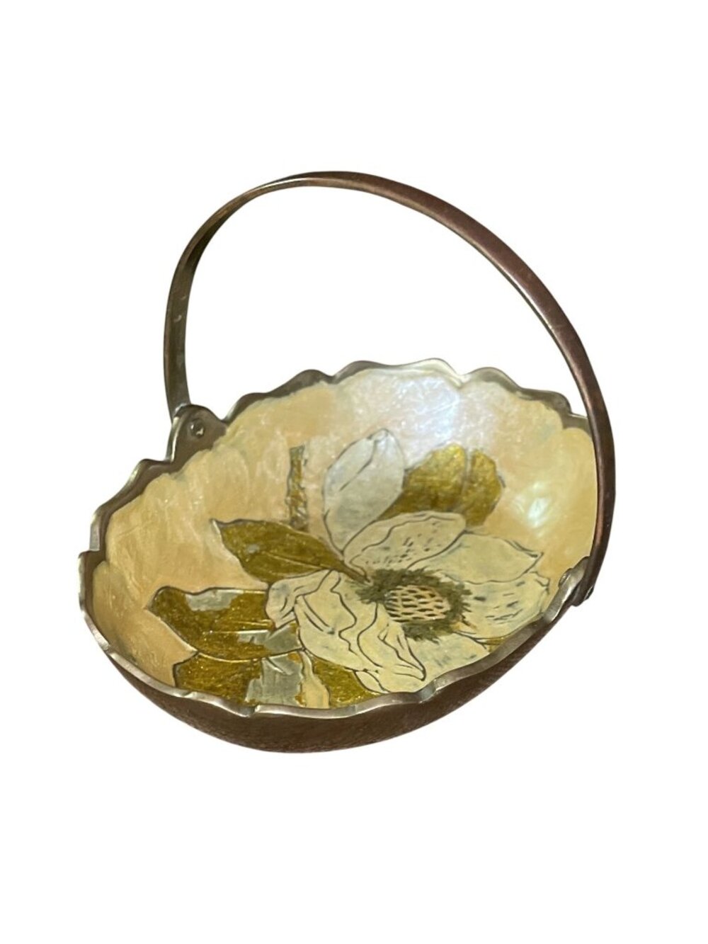 Vintage Brass Enamel Floral Basket Dish Bowl w Handle 5.25" Hammered Trinket